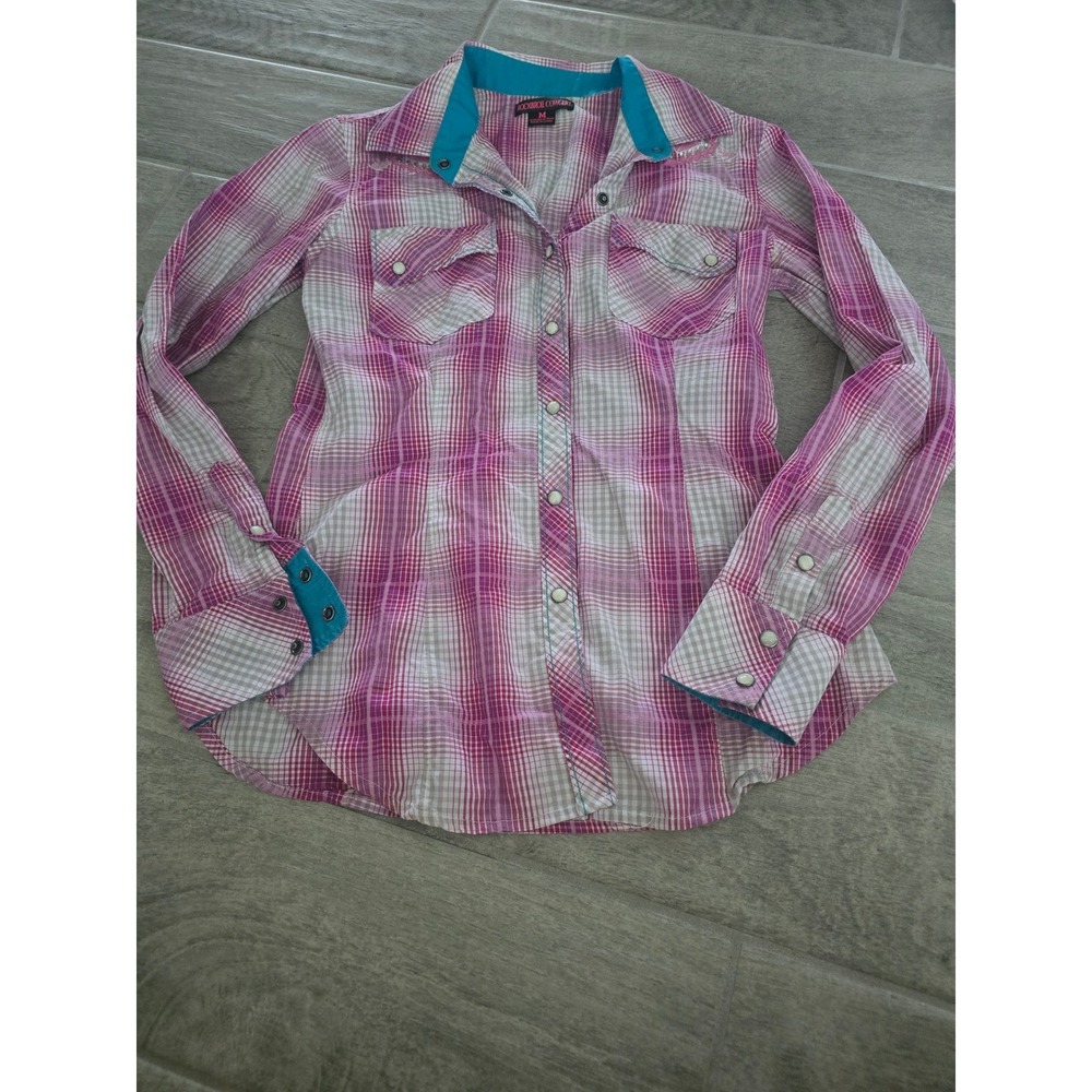 Rock & Roll Cowgirl Pink Plaid Rhinestone Embroidered Western Pearl Snap Shirt M